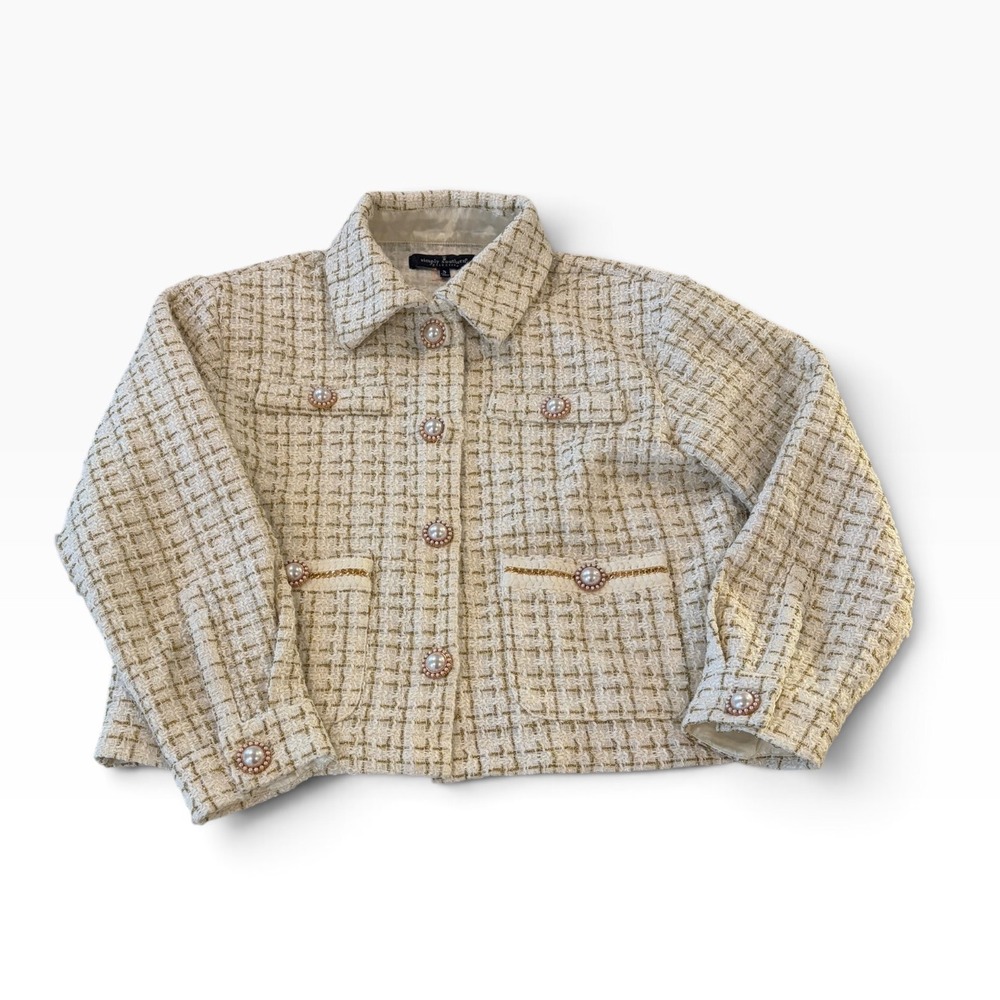 Simply Southern Cream Gold Metallic Tweed Pearl Button Cropped Jacket Small